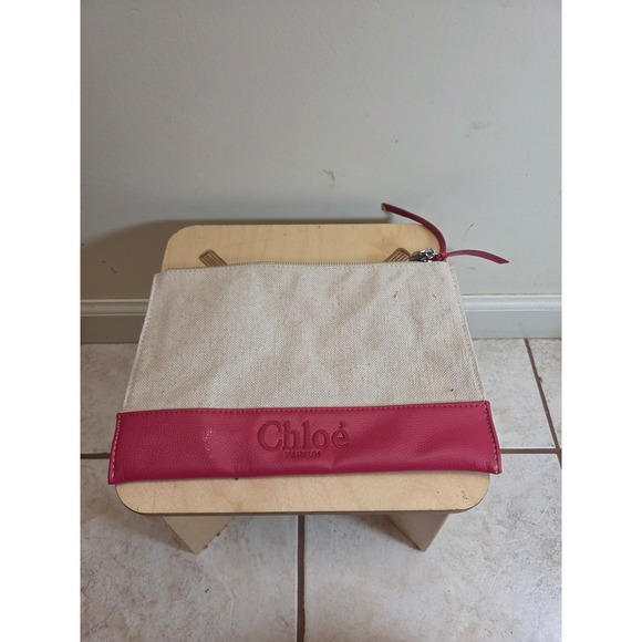 Chloe Handbags - Chloe Parfums‎ Canvas Clutch Bag Magenta Pink Cream Logo Zip Pouch
